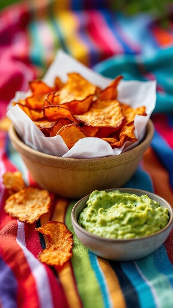 A bowl of baked sweet potato chips with guacamole on a colorful striped cloth.