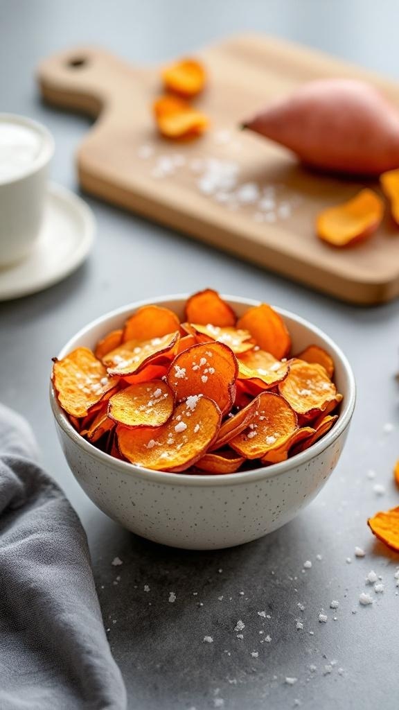 A bowl of baked sweet potato chips with a sprinkle of salt, placed next to a sweet potato and a cup of dip.
