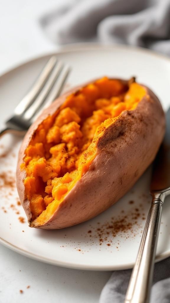A baked sweet potato sprinkled with cinnamon on a plate with forks