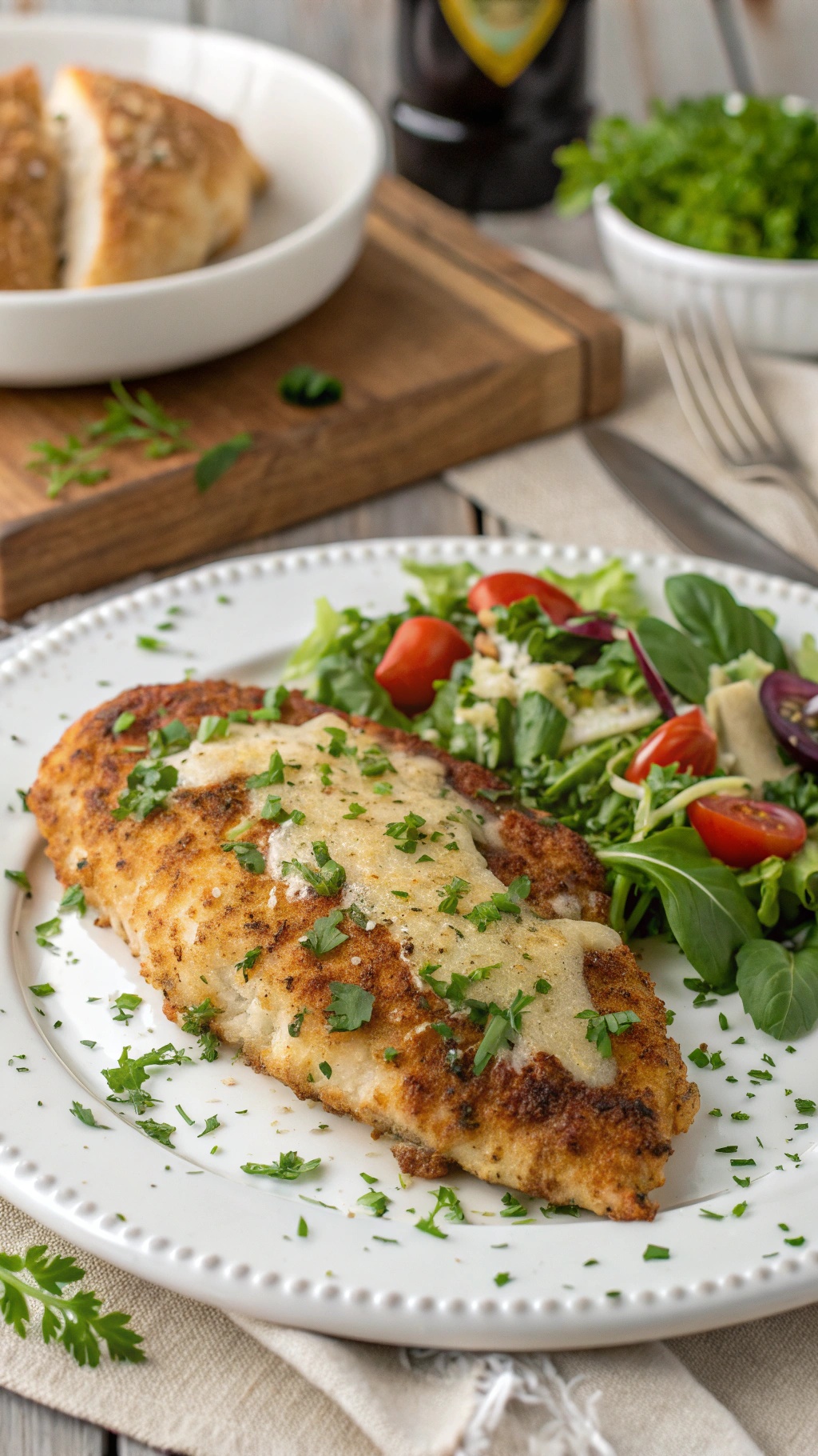 Parmesan crusted chicken breast served with a fresh salad.