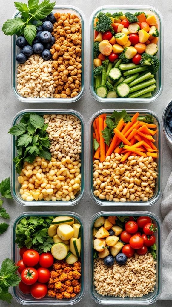 A variety of meal prep containers filled with grains, vegetables, and fruits.