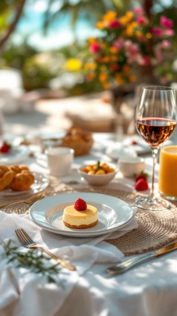 A beautifully arranged table with a small cheesecake topped with a raspberry, fresh fruits, a glass of wine, and a vibrant floral centerpiece.
