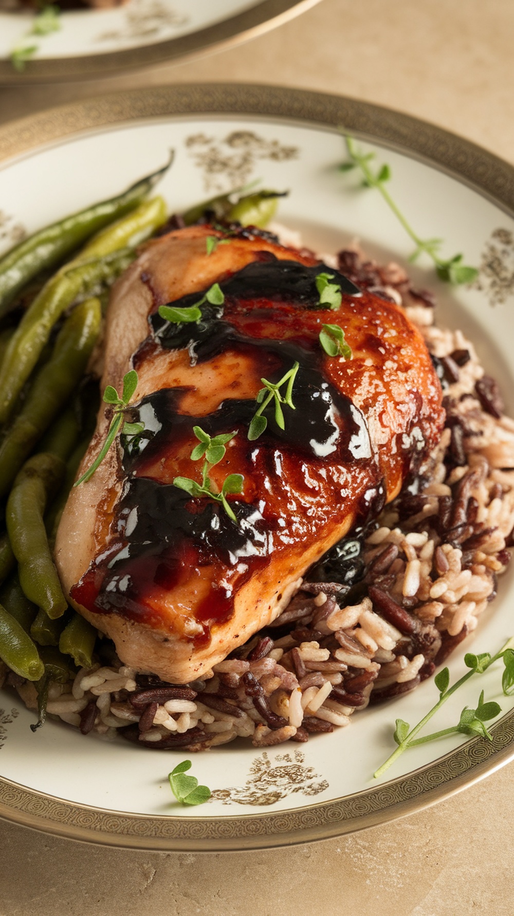 Balsamic glazed chicken breast served with rice and green beans
