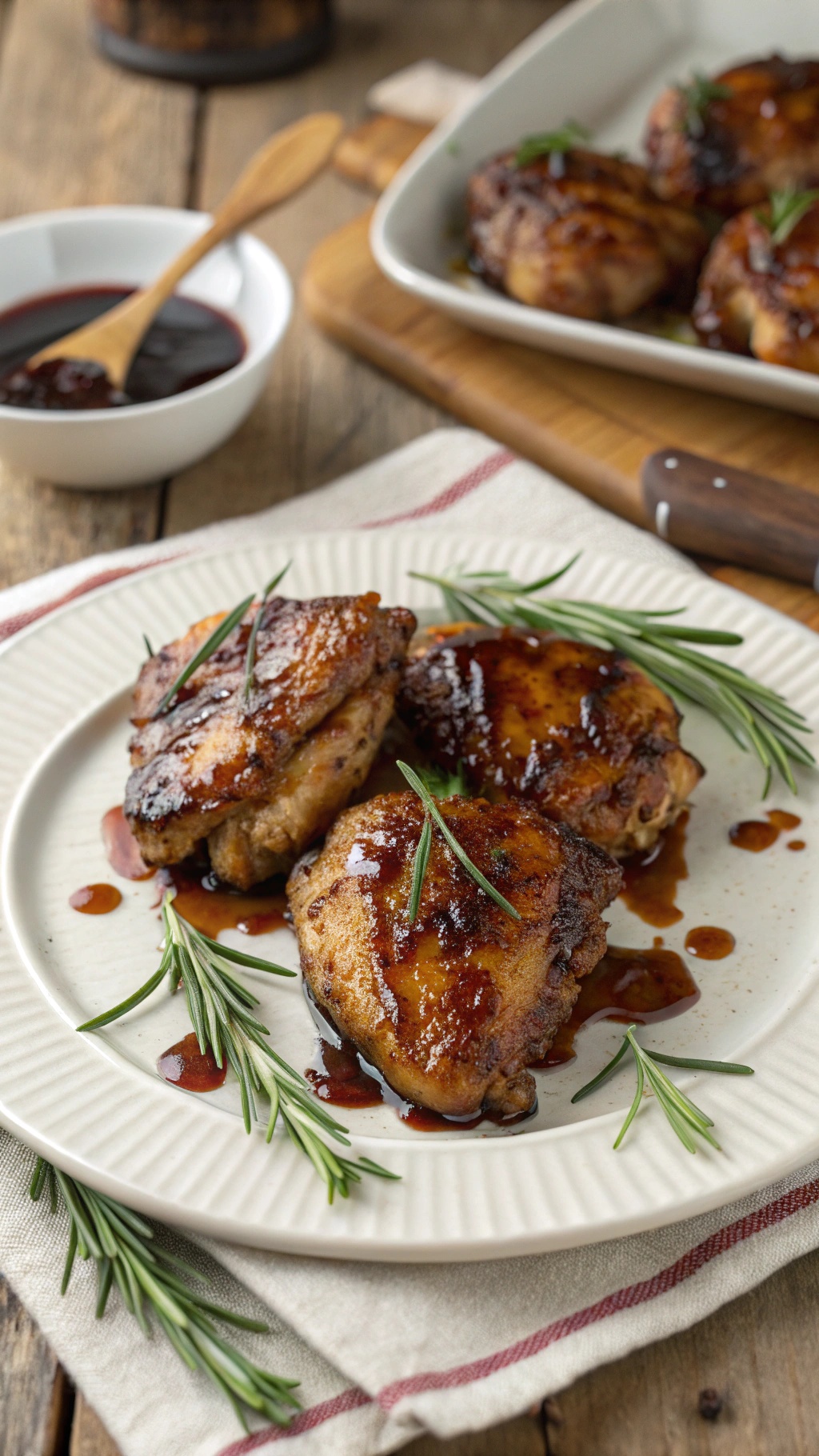 Balsamic glazed chicken thighs on a plate with rosemary
