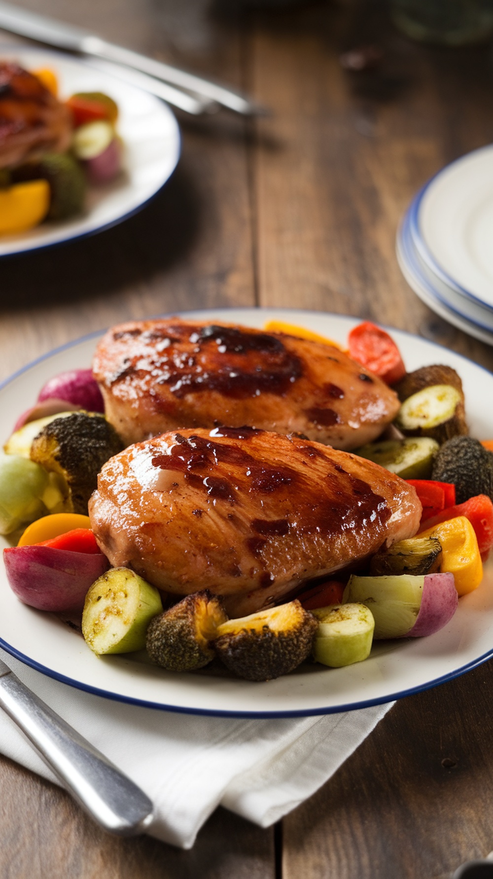 Balsamic glazed chicken breast served with colorful roasted vegetables on a plate.