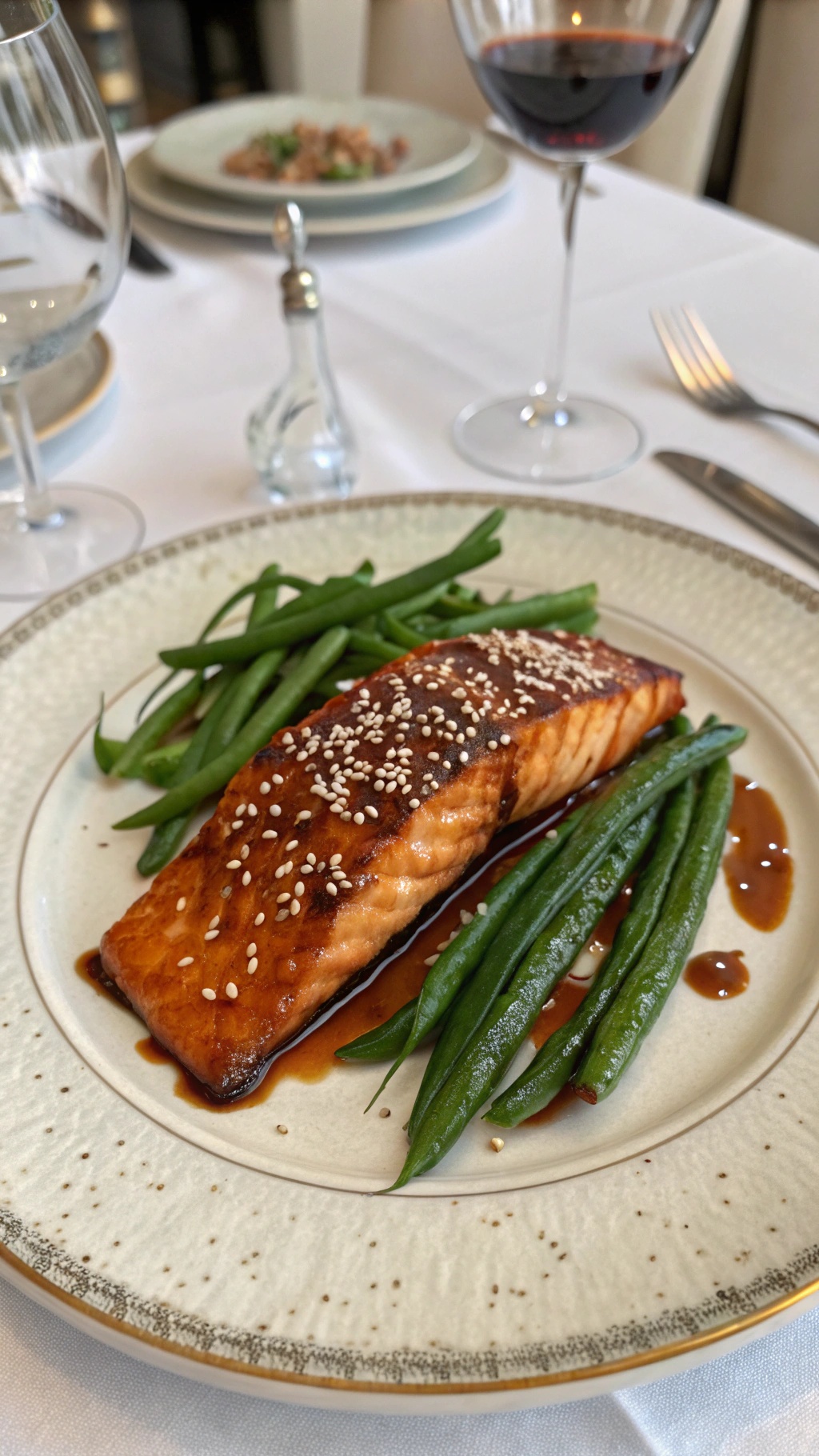 Balsamic glazed salmon with green beans on a plate