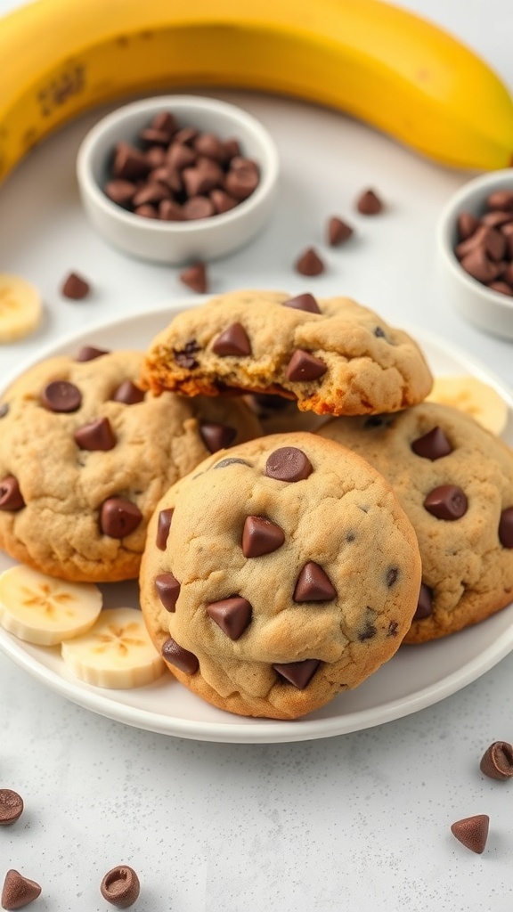Healthy chocolate chip cookies made with ripe bananas, displayed on a plate with chocolate chips and a banana in the background.