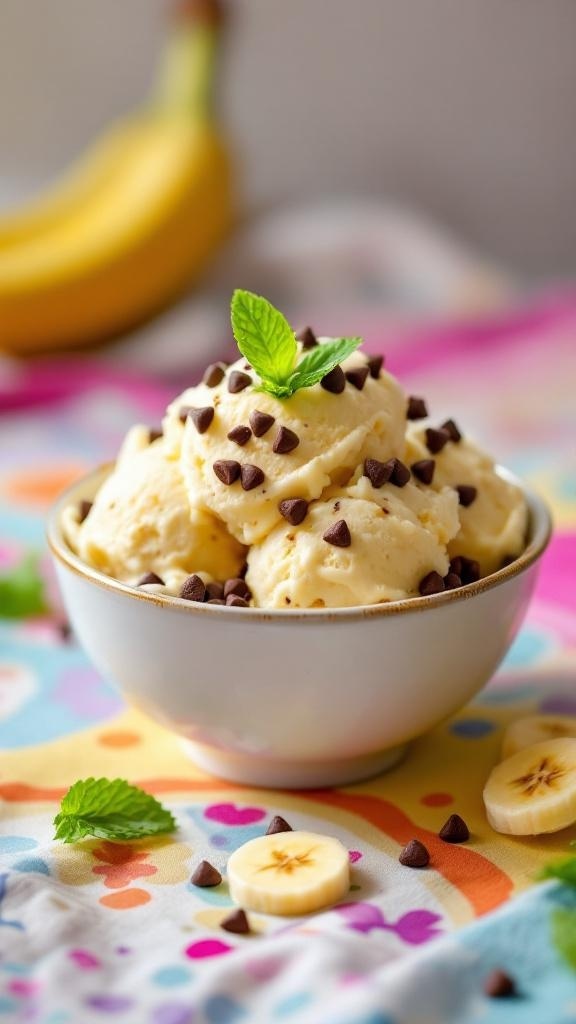 A bowl of banana ice cream topped with chocolate chips and mint, with a banana in the background.