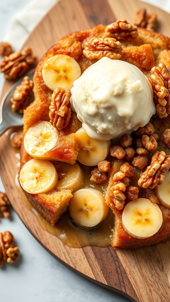 A delicious serving of banana nut high-protein bread pudding topped with ice cream and walnuts.