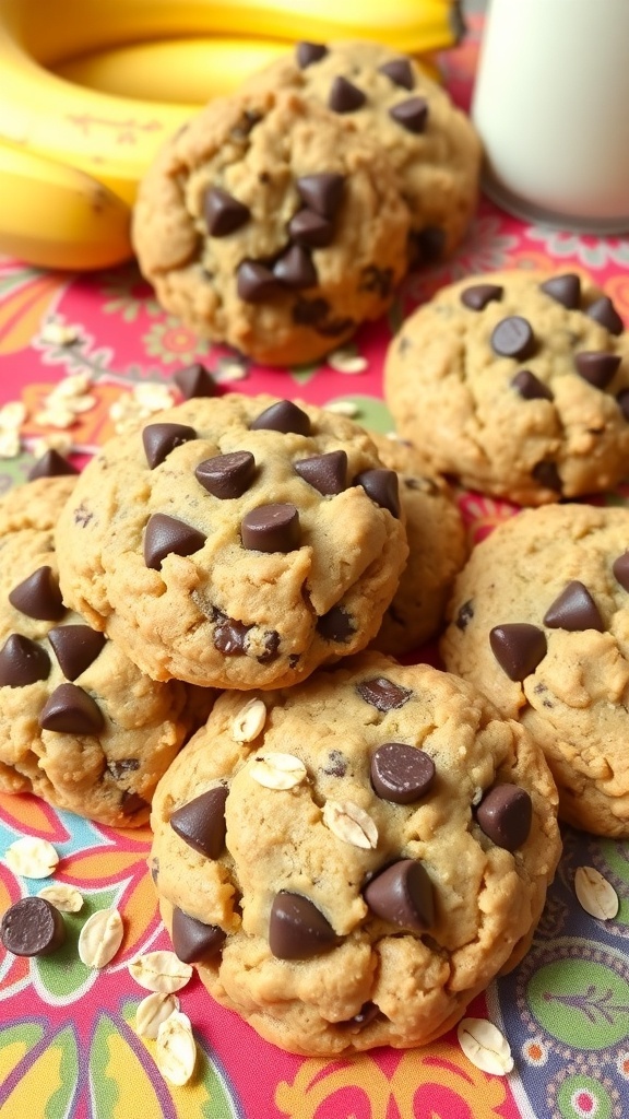 A stack of banana oat vegan chocolate chip cookies with chocolate chips on top, surrounded by oats and bananas.