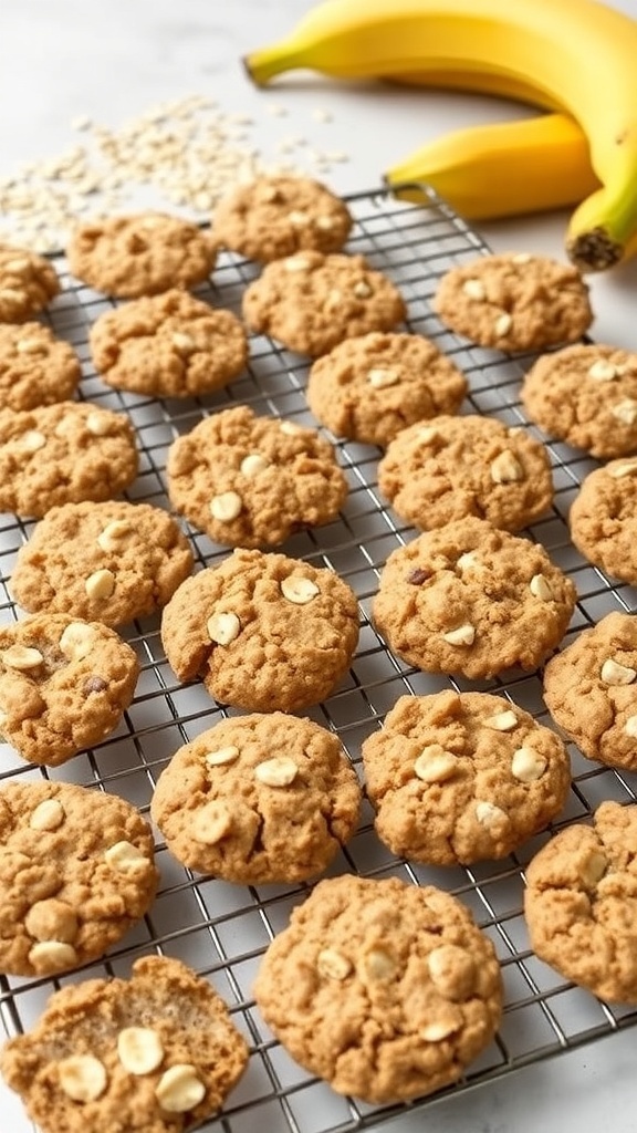 A tray of freshly baked banana oatmeal cookies cooling on a wire rack, with bananas in the background.
