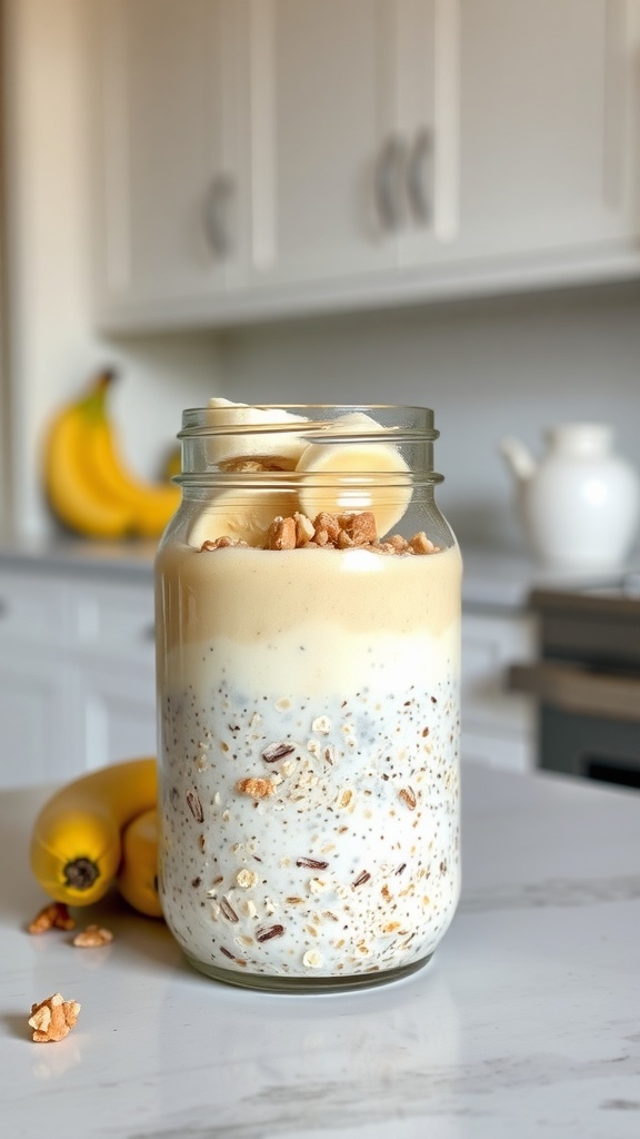 A jar of banana pudding overnight oats with banana slices on top and bananas in the background.