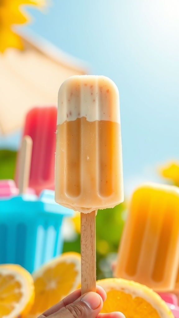 A banana pudding popsicle held in a hand, with colorful popsicle molds and lemon slices in the background.