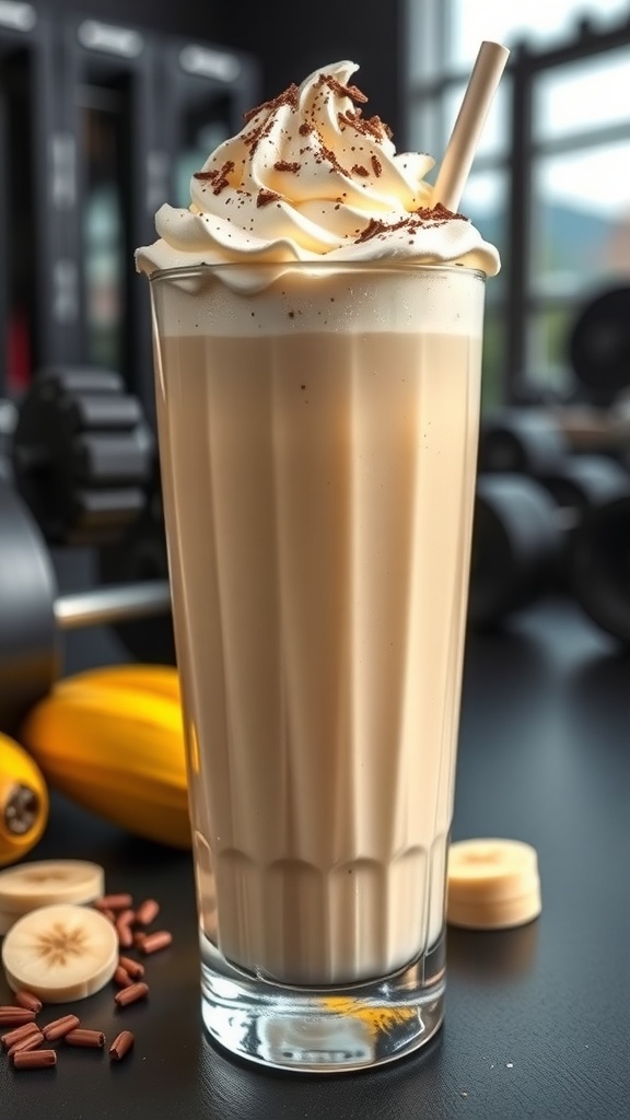 A delicious banana pudding protein shake topped with whipped cream and chocolate shavings, surrounded by bananas and chocolate sprinkles.