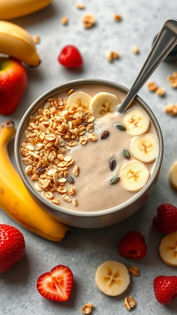 A delicious banana pudding smoothie bowl topped with granola, banana slices, and fresh berries.