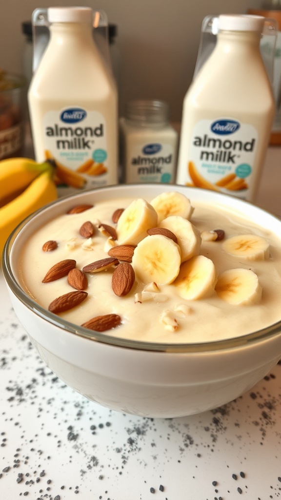 A bowl of banana pudding made with almond milk, topped with sliced bananas and almonds, with almond milk bottles in the background.