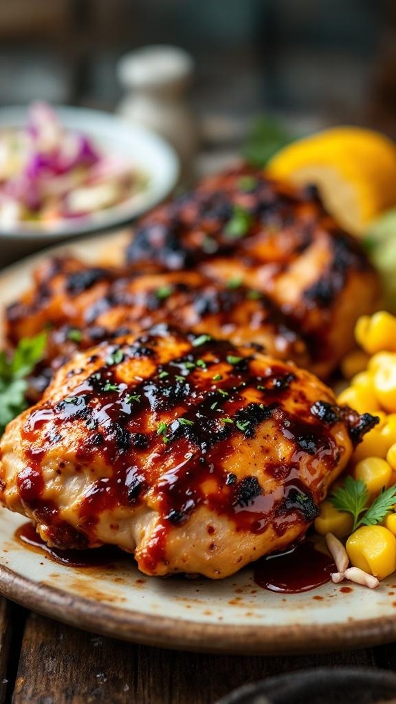 Delicious barbecue chicken thighs with a smoky glaze, served with corn and a side salad.