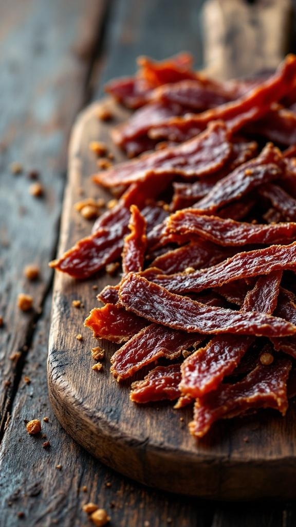 A pile of beef jerky strips on a wooden board