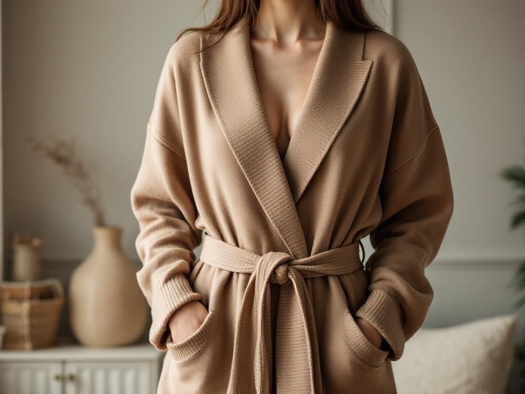 A woman wearing a beige belted cardigan with pockets, standing in a cozy indoor setting.