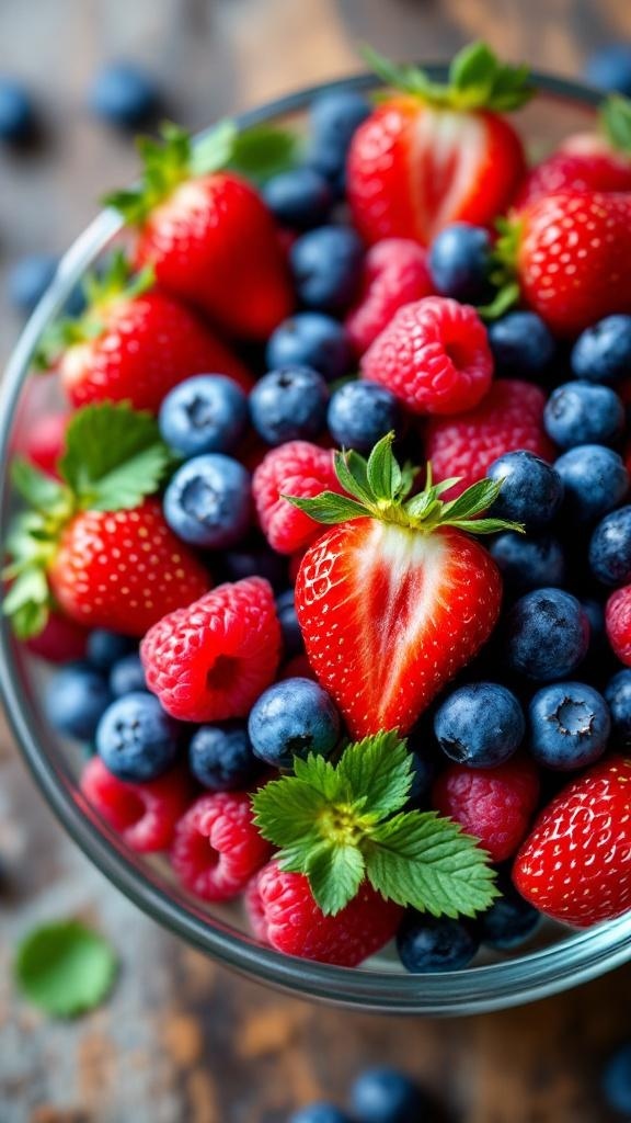 A bowl filled with fresh strawberries, blueberries, and raspberries, showcasing their vibrant colors.