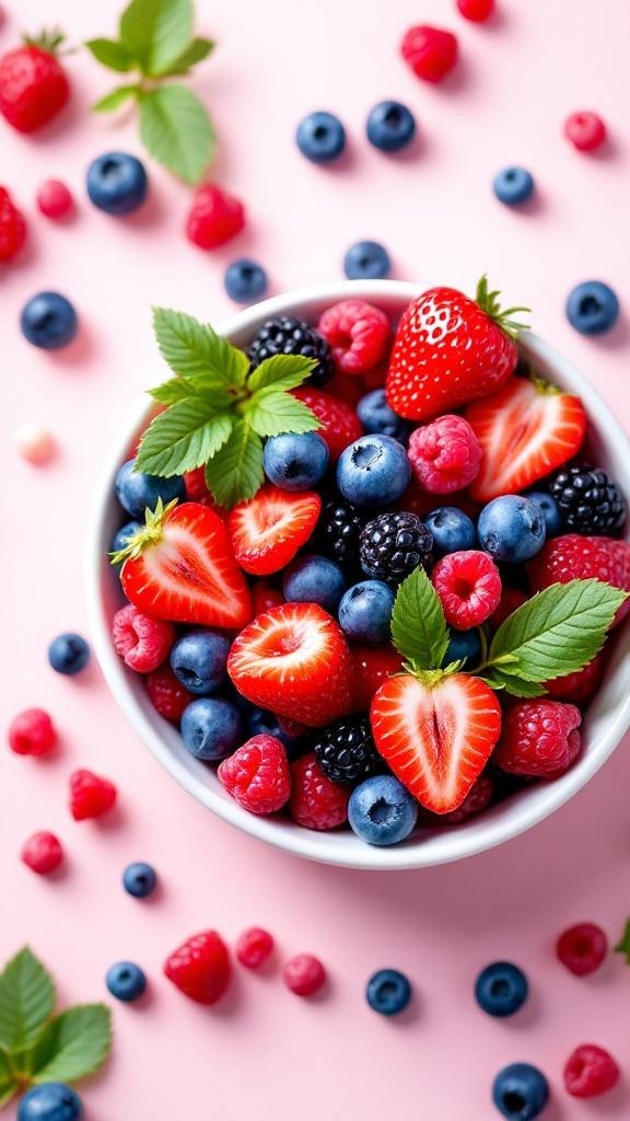 A bowl filled with fresh strawberries, blueberries, raspberries, and blackberries on a pink background.