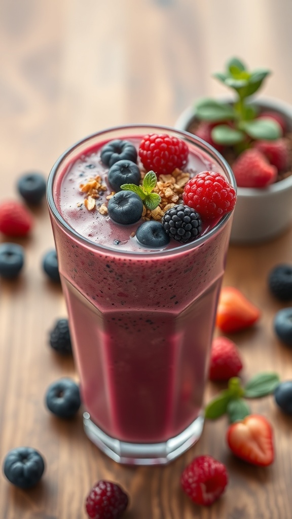 A vibrant berry smoothie topped with fresh berries and granola, surrounded by scattered berries on a wooden table.