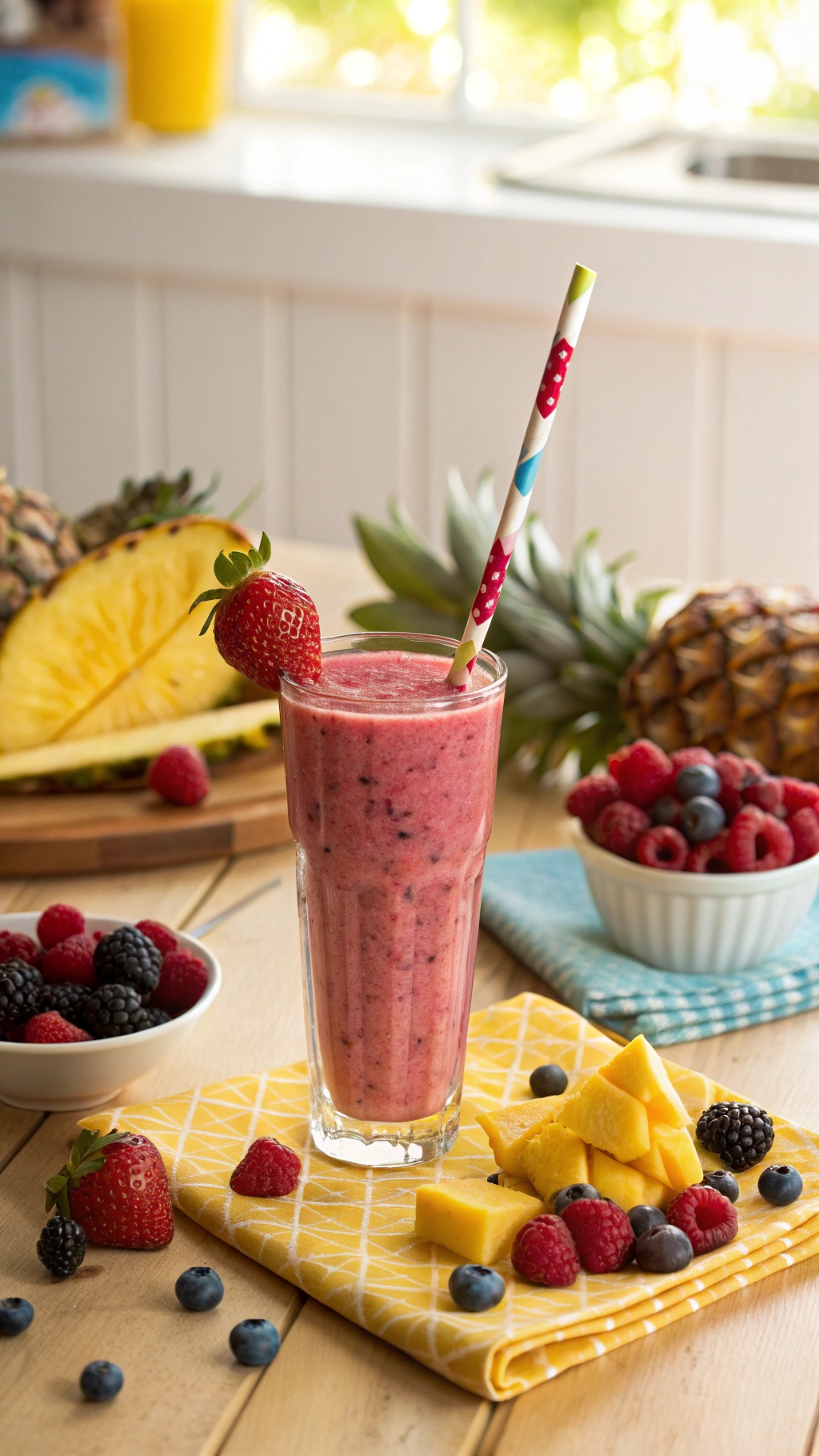 A vibrant berry-pineapple smoothie in a tall glass, surrounded by fresh fruits and a colorful straw.