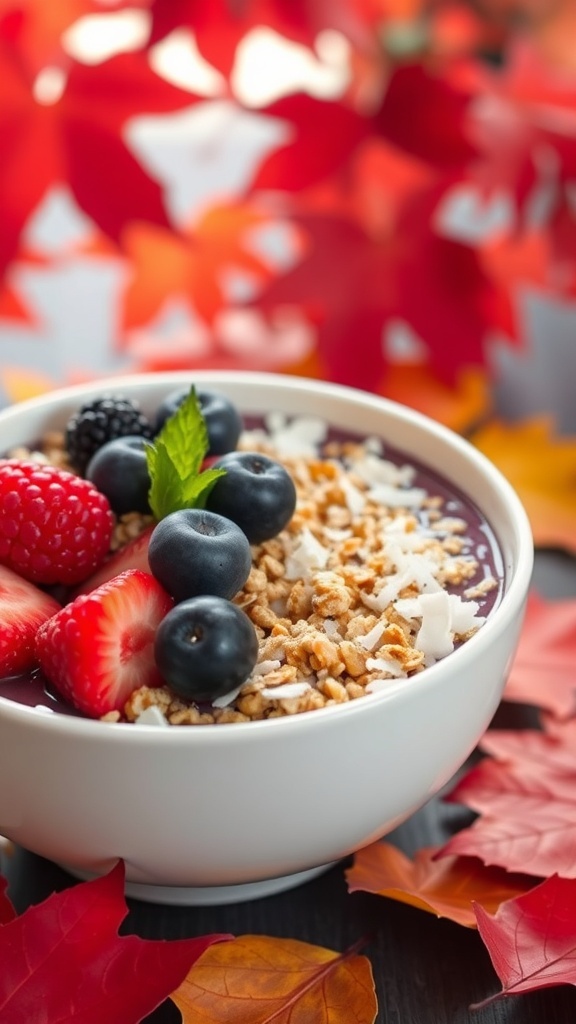 A colorful berry acai bowl topped with fresh fruits and granola, surrounded by autumn leaves.