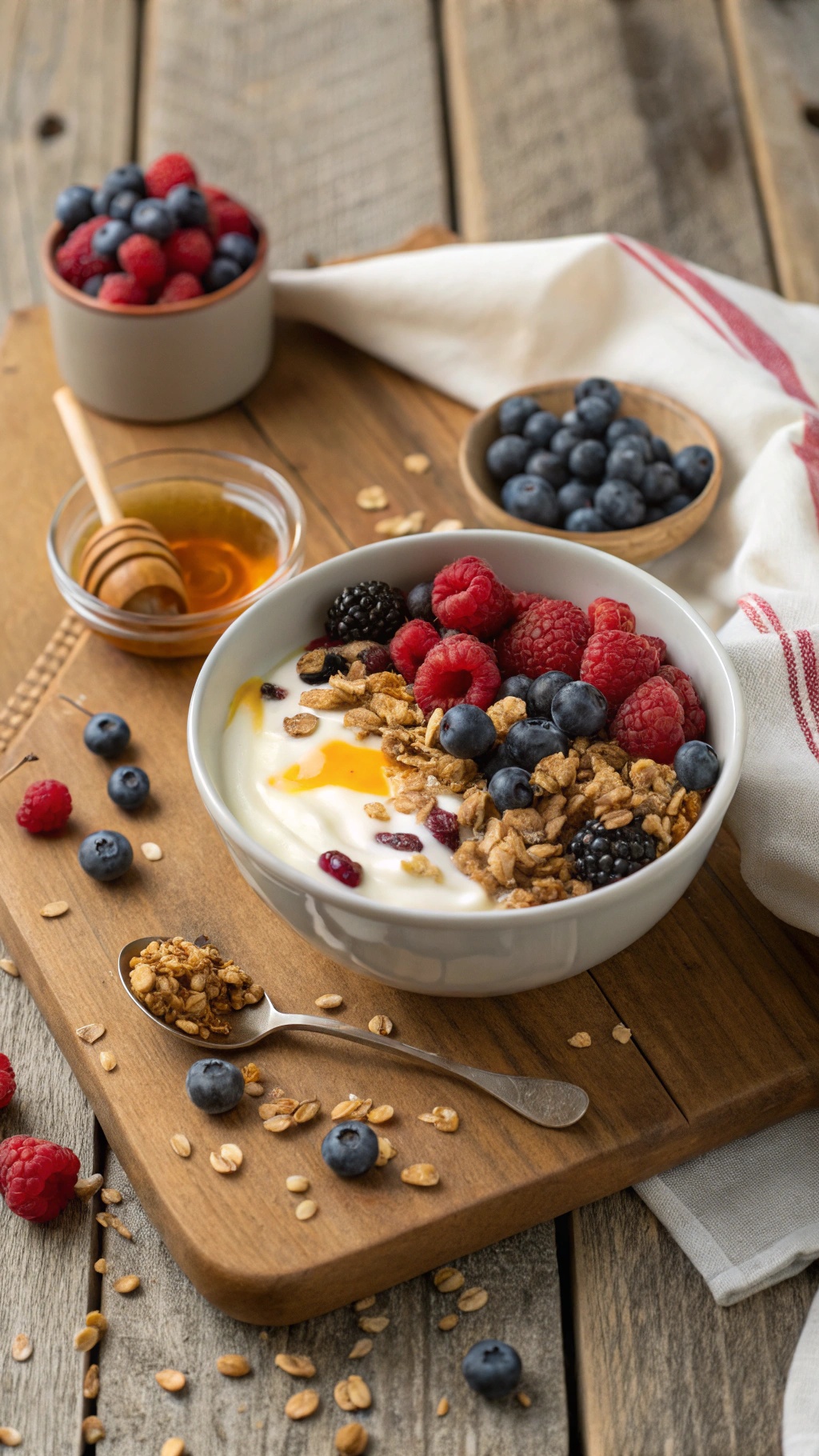 A berry and yogurt breakfast bowl with granola and honey on a wooden table.