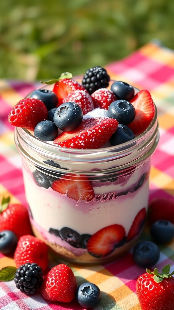 Berry Blast Cheesecake Jars with strawberries, blueberries, and blackberries on a colorful picnic blanket.