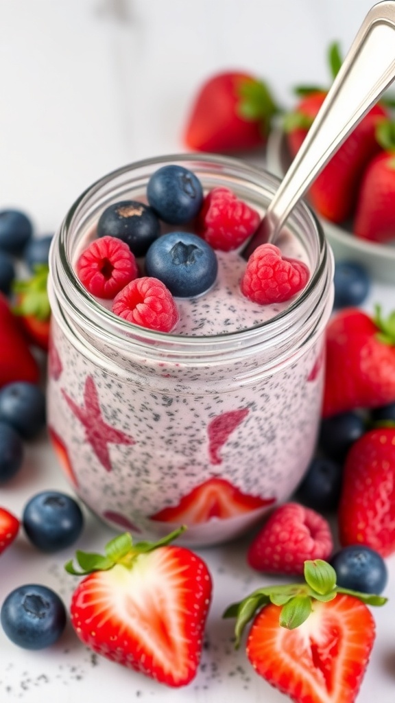 A jar of berry blast chia seed pudding topped with fresh strawberries, blueberries, and raspberries.