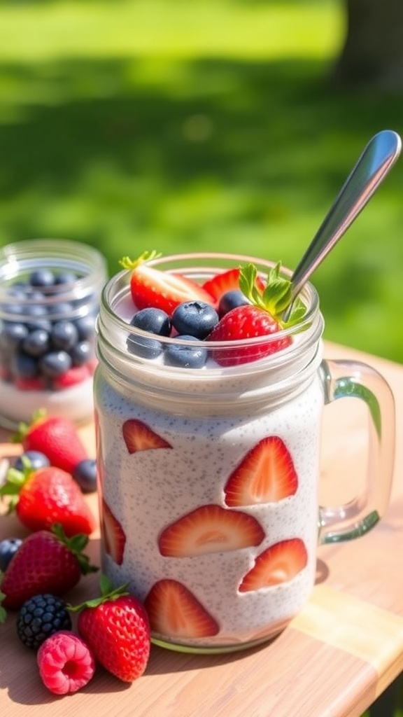 Berry Blast Chia Seed Pudding with mixed fruits in a jar