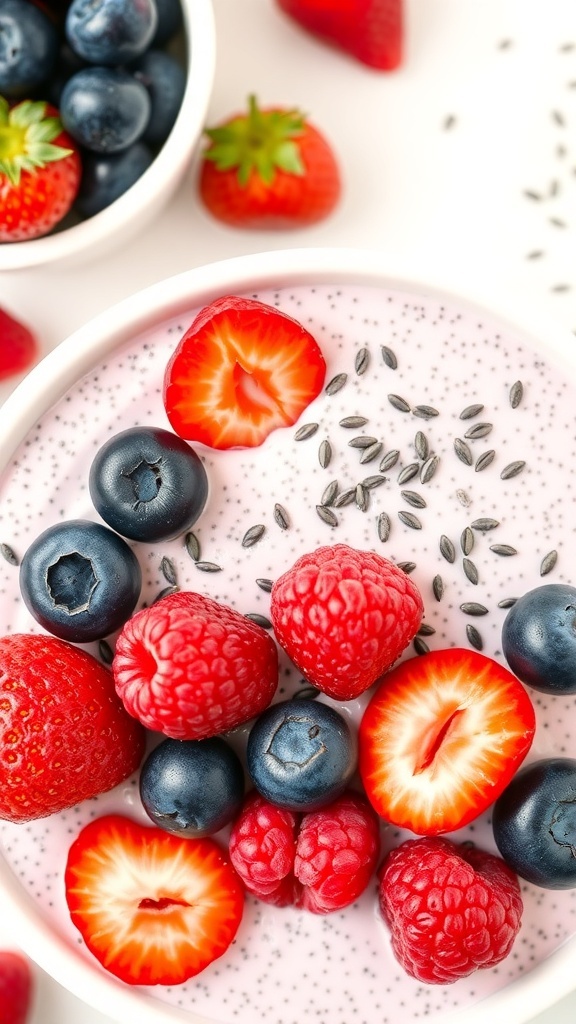 A bowl of mixed berry chia seed pudding topped with strawberries, blueberries, and raspberries.