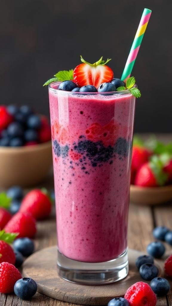 A colorful berry smoothie topped with fresh strawberries, blueberries, and raspberries in a glass with a straw.