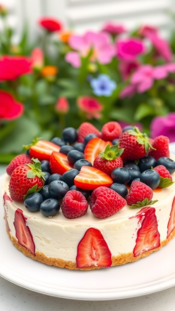 A beautiful mixed berry cheesecake topped with strawberries, blueberries, and raspberries, set against a backdrop of colorful flowers.