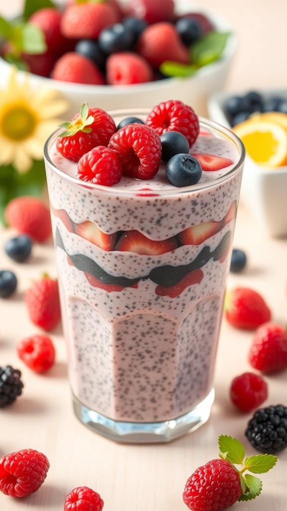 A glass of berry chia seed pudding topped with fresh raspberries and blueberries, surrounded by more berries.