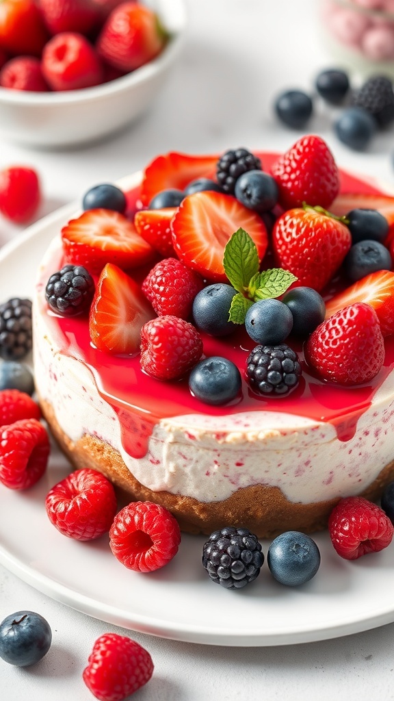 A colorful berry-topped keto cheesecake with strawberries, blueberries, and blackberries.