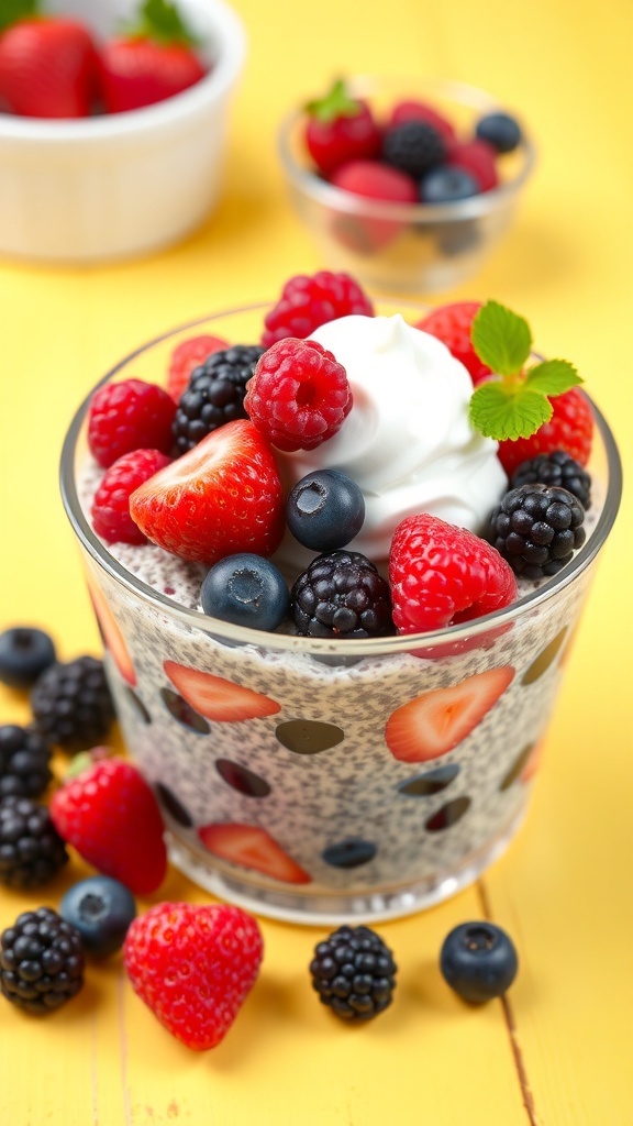 A glass of mixed berry chia seed pudding topped with fresh berries and whipped cream.