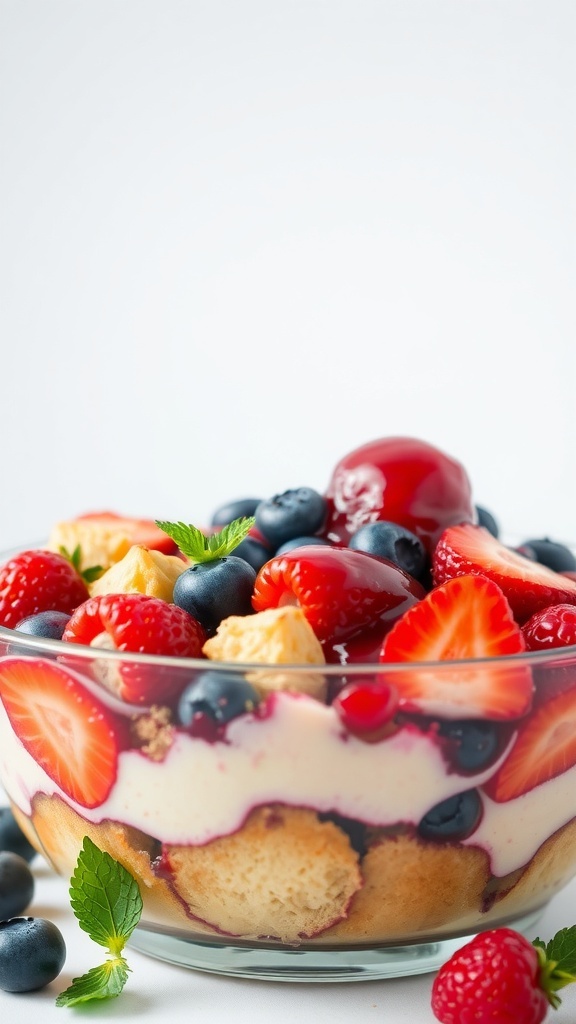 A bowl of berry bliss protein bread pudding with strawberries, blueberries, and raspberries.