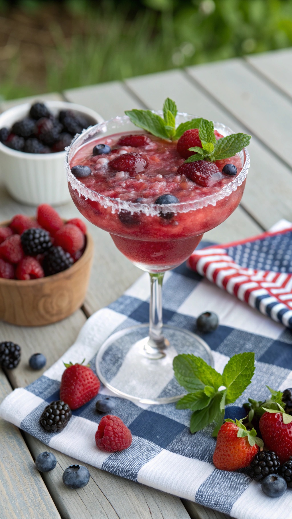 A colorful Berry Bliss Skinny Margarita with mixed berries, garnished with mint leaves, served in a glass on a checkered cloth.