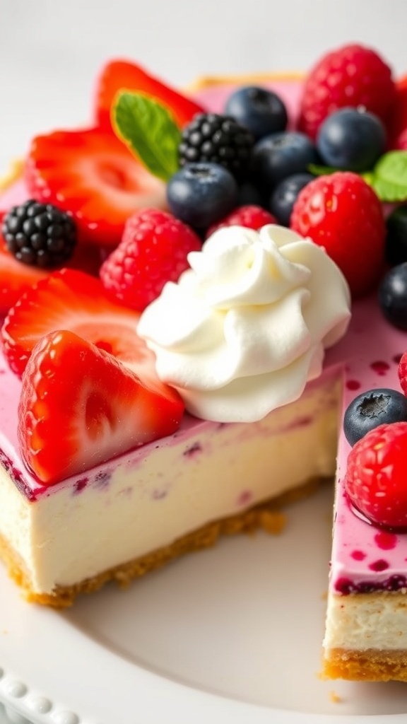 A slice of mixed berry cheesecake topped with fresh berries and whipped cream on a colorful plate.