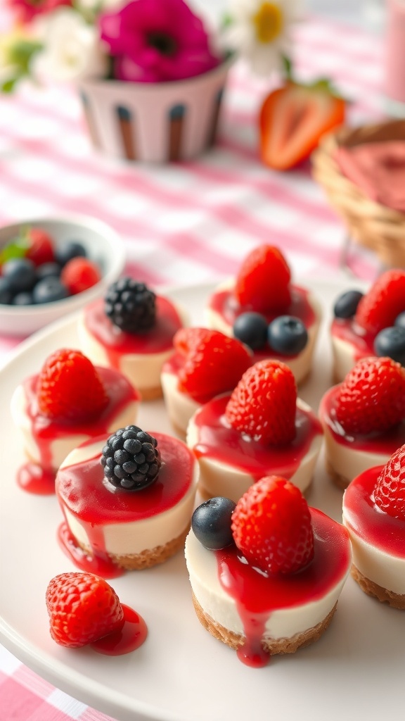 Plate of no-bake cheesecake bites topped with fresh berries and berry sauce