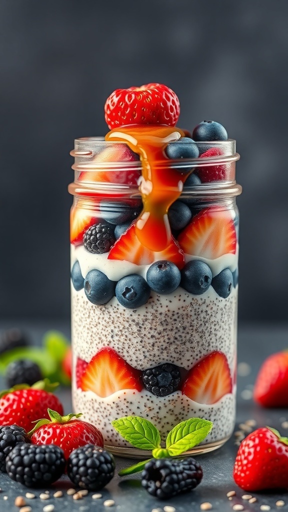 A jar of berry chia pudding with strawberries, blueberries, and blackberries, garnished with mint.