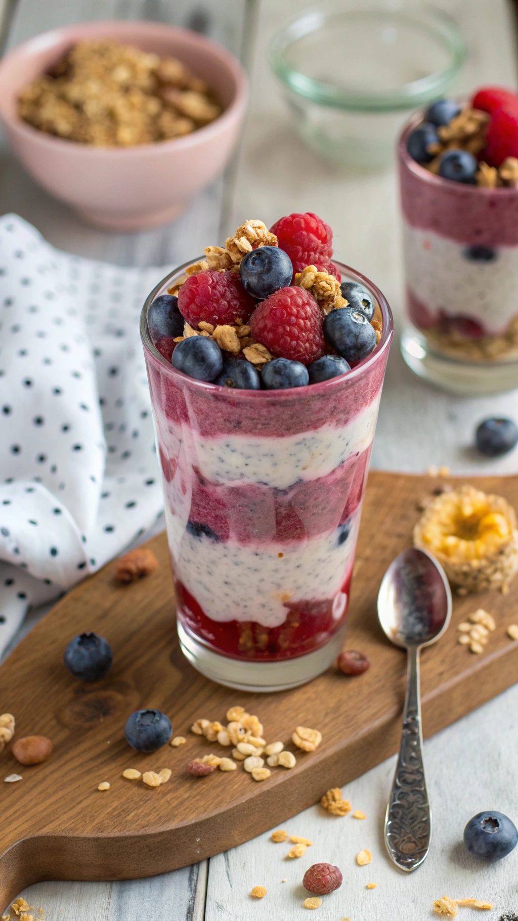 Berry Medley Chia Pudding Parfait with layers of chia pudding, fresh berries, and granola.