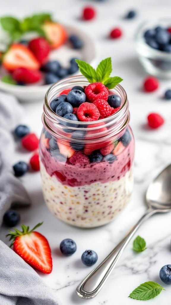 A jar of berry medley overnight oats topped with fresh strawberries, blueberries, and raspberries.