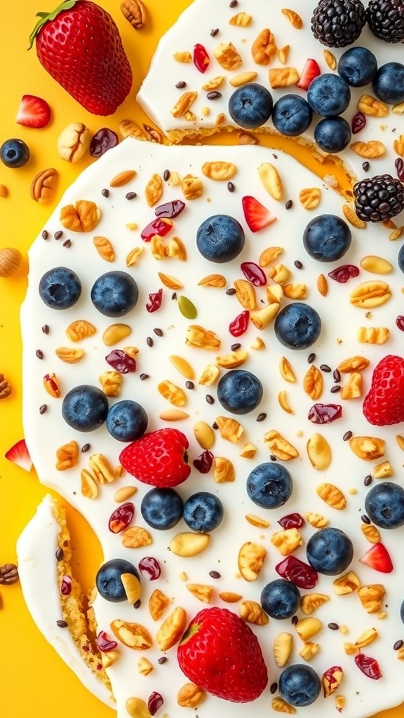 Colorful yogurt bark topped with mixed berries and granola on a yellow background