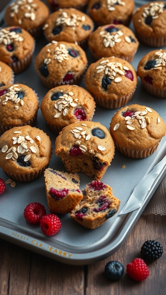 A tray of freshly baked berry protein muffins topped with oats and mixed berries.