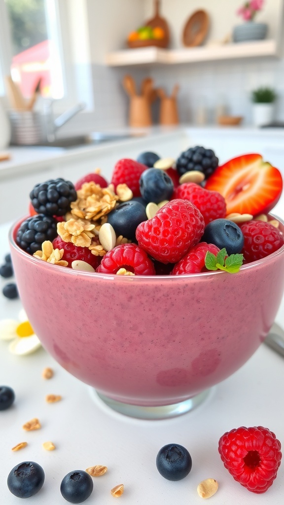 A colorful berry protein smoothie bowl topped with granola and fresh fruits.