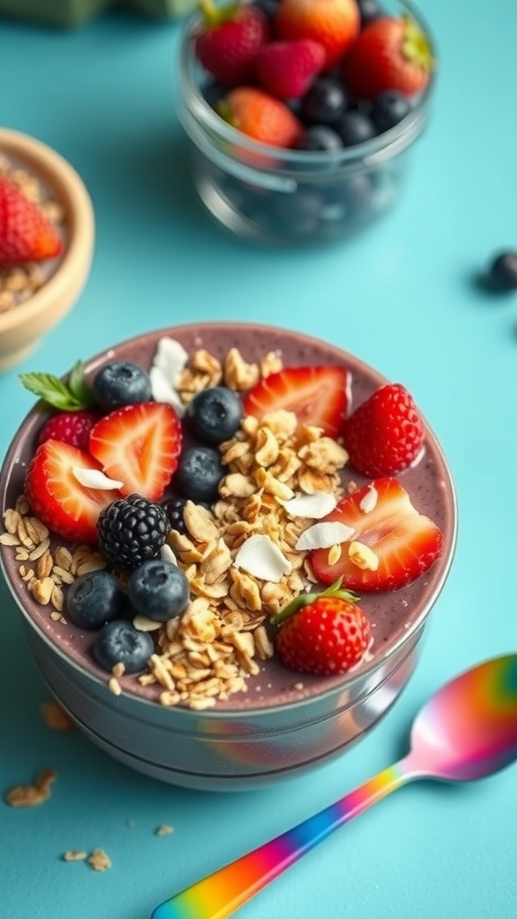 A colorful berry smoothie bowl topped with fresh strawberries, blueberries, blackberries, granola, and coconut flakes.