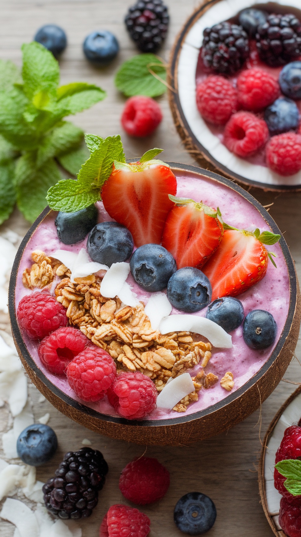 A colorful berry smoothie bowl topped with fresh fruits, granola, and mint leaves.